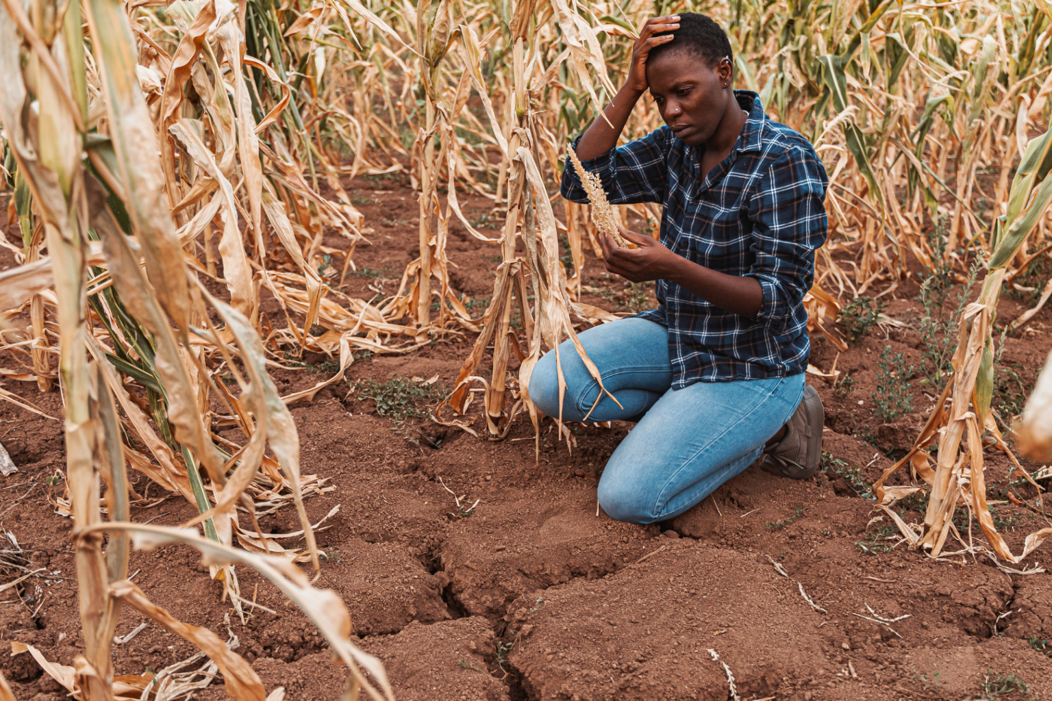A farmer examines the effects of extreme heat in her field