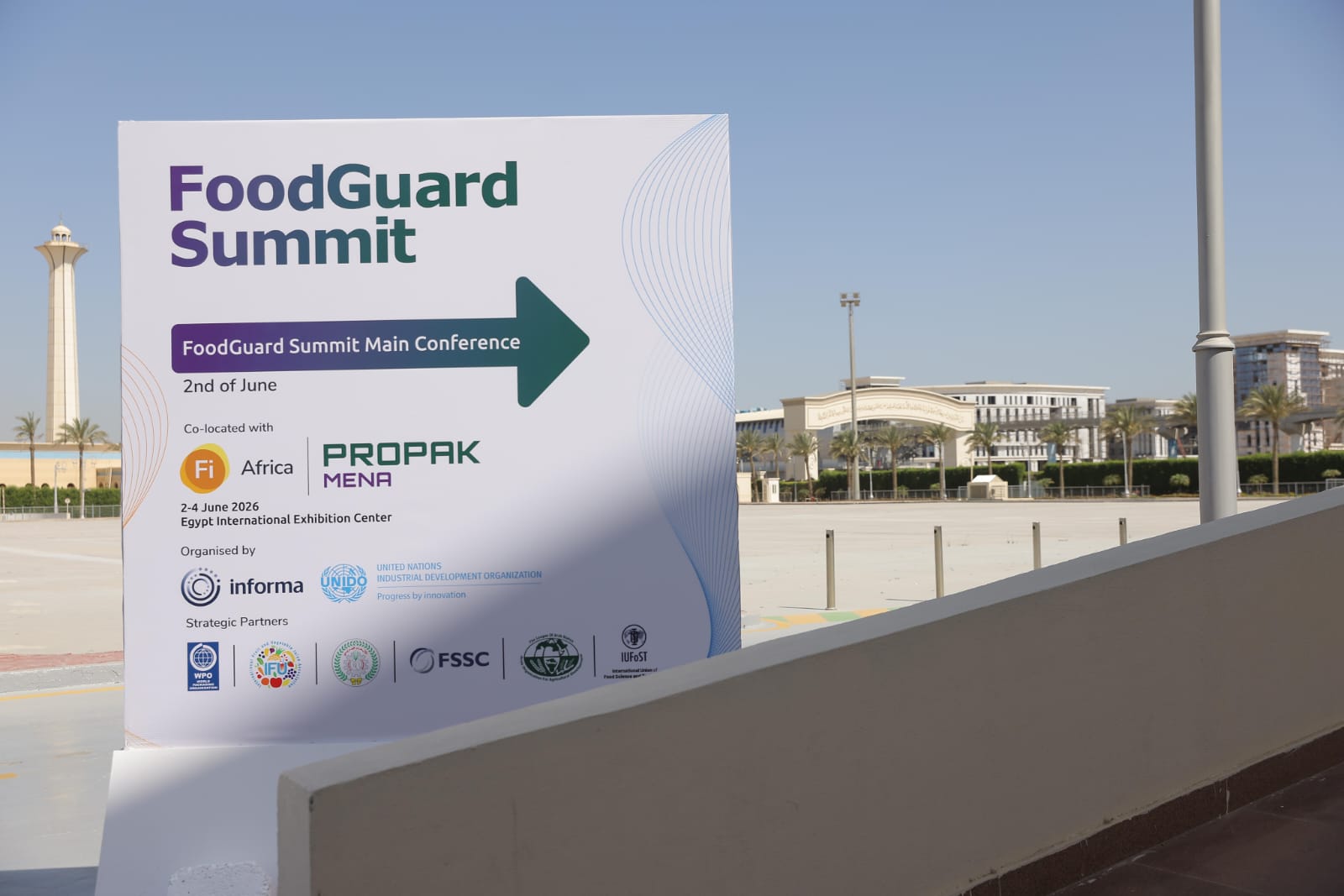 A sign next to the conference hall hosting the FoodGuard Summit
